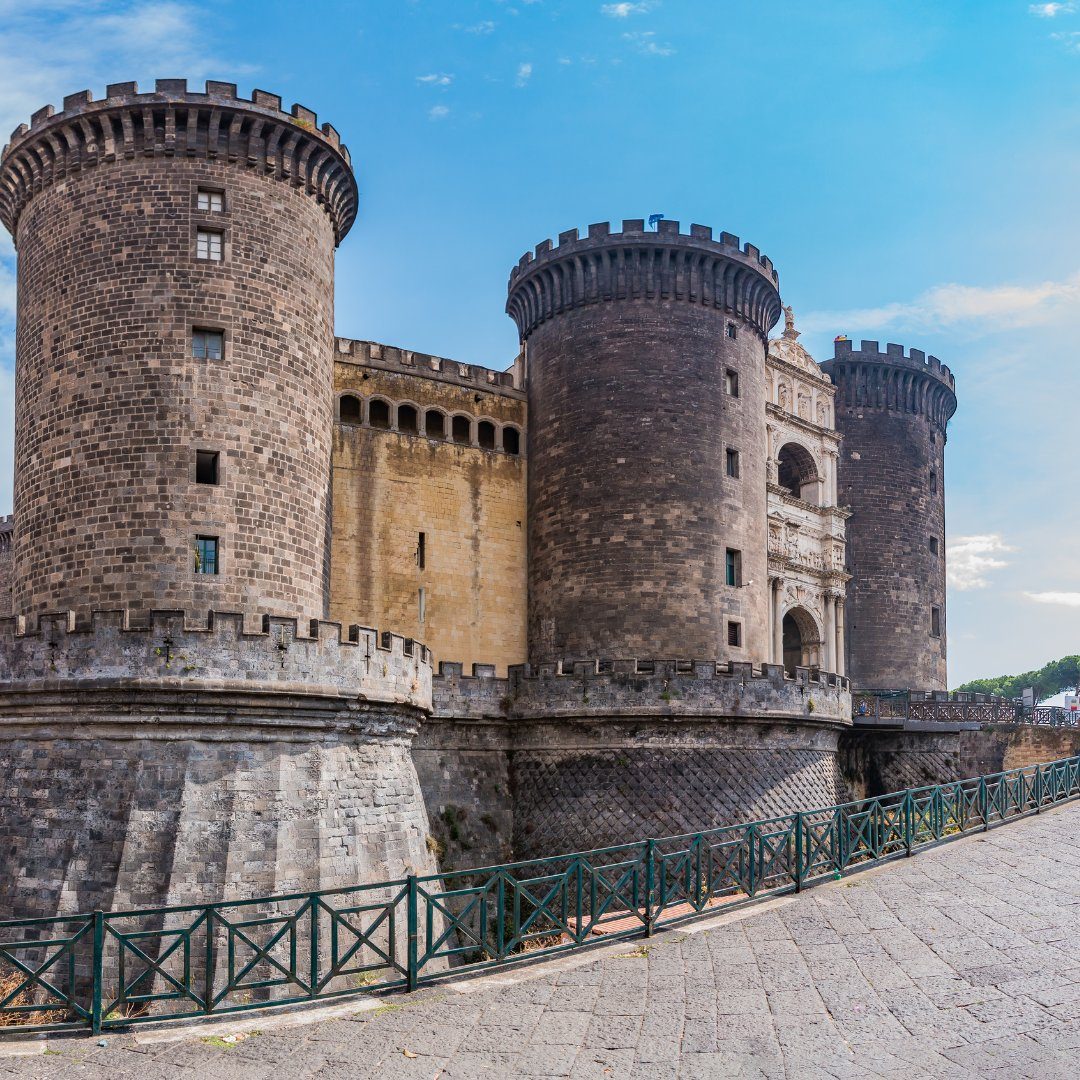 The towers of Castel Nuovo, the Maschio Angioino, with its Aragonese triumphal arch in Naples