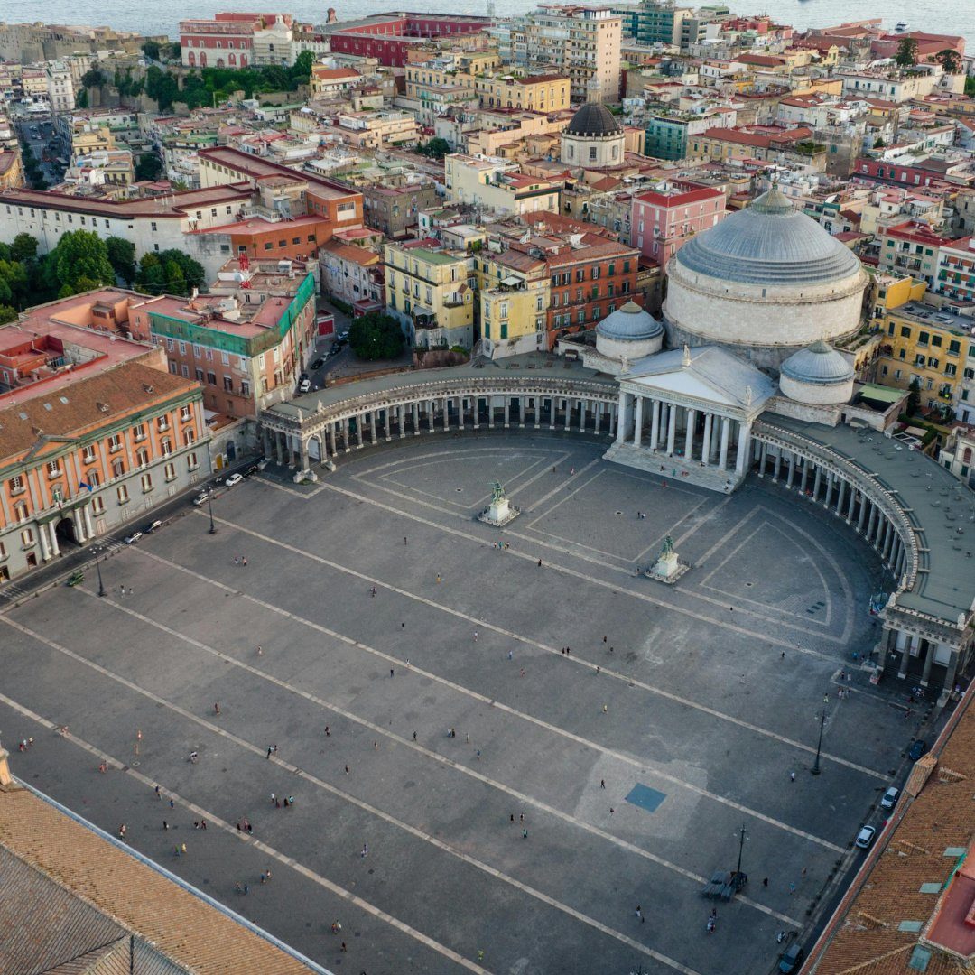Aerial view of Piazza del Plebiscito and the basilica of San Francesco di Paola in central Naples